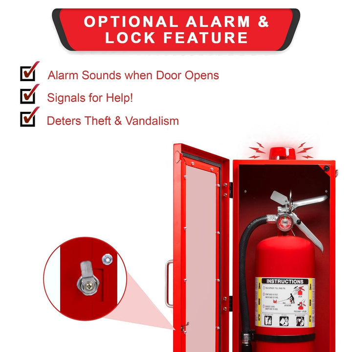 Overdose Kits red steel fire extinguisher wall mount cabinet with optional alarm and lock, available in 10 lb and 20 lb sizes.