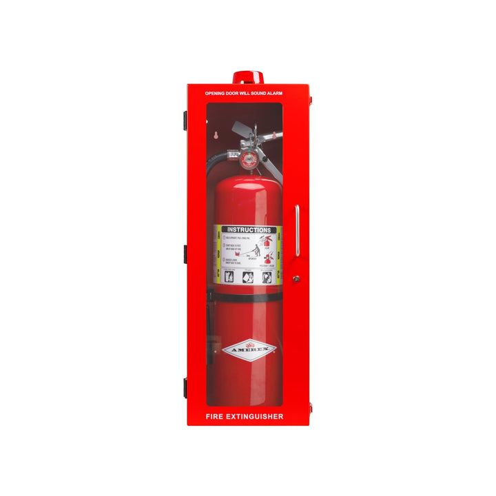 Overdose Kits red steel wall mount fire extinguisher cabinet with alarm and instructions. Holds 10 or 20 lb extinguishers.