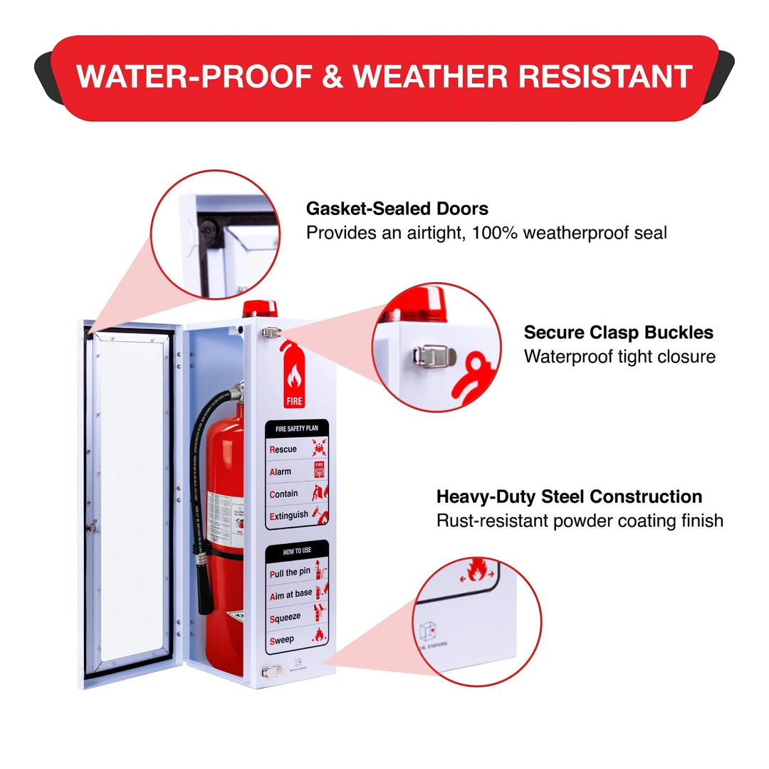 Overdose Kits white outdoor fire extinguisher wall mount cabinet with red extinguisher inside. Features gasket-sealed doors and secure clasp buckles.