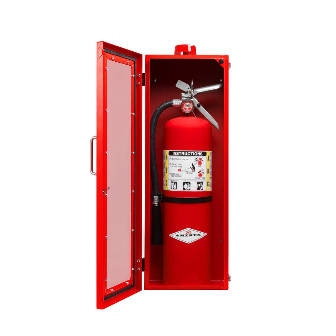 Overdose Kits red steel outdoor fire extinguisher wall mount cabinet with clear door and instructions. Available in 10 lb and 20 lb sizes.