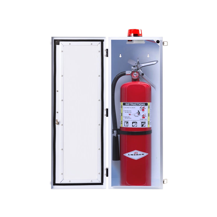 Overdose Kits white outdoor fire extinguisher wall mount cabinet with red alarm light and instructions. Available in 10 lb and 20 lb sizes.
