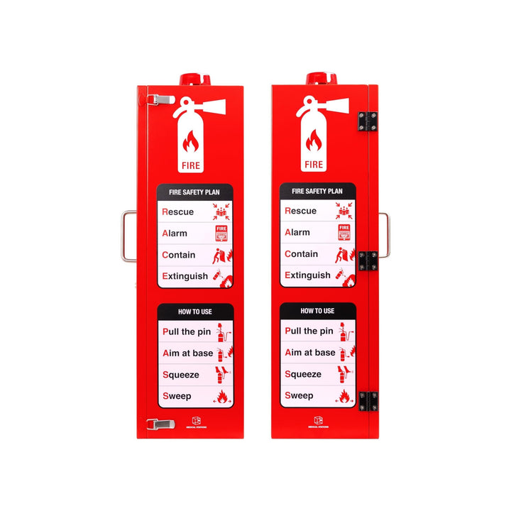 Overdose Kits red steel outdoor fire extinguisher wall mount cabinet with instructions and alarm option.