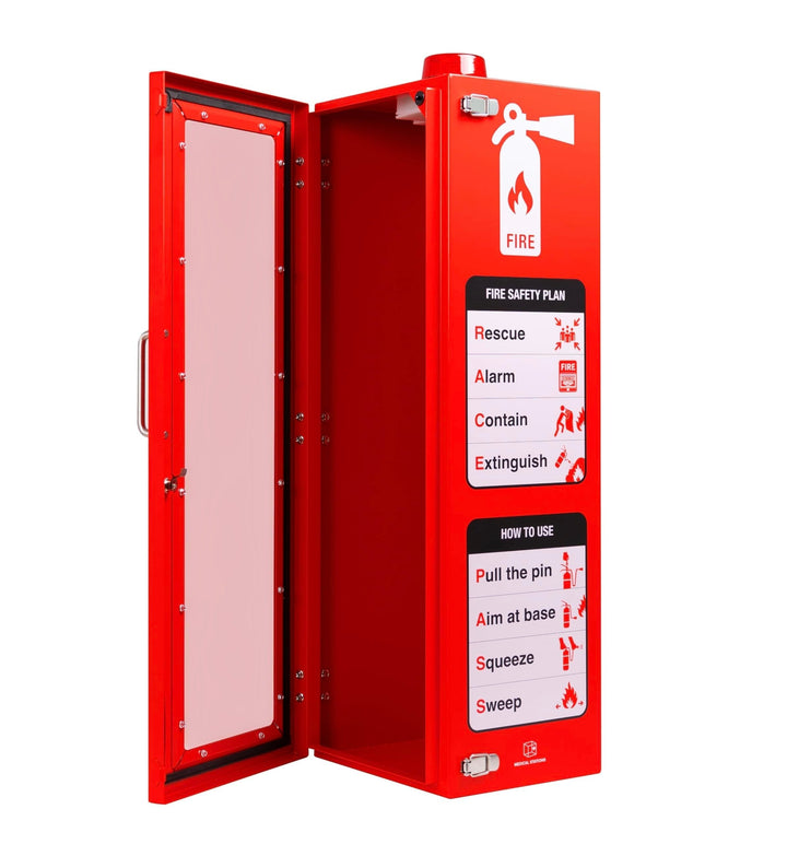Overdose Kits red steel outdoor fire extinguisher wall mount cabinet with instructions and alarm option.