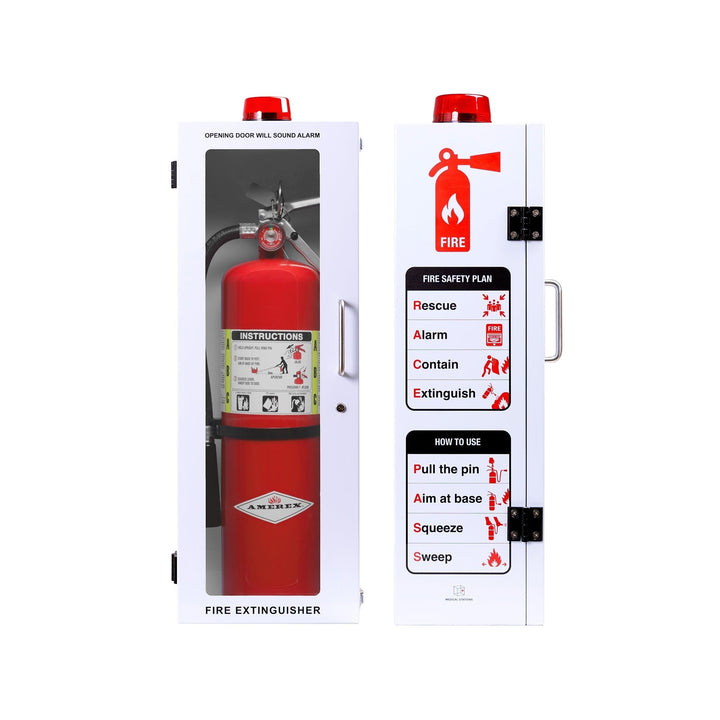 Overdose Kits white outdoor fire extinguisher wall mount cabinet with red alarm light, available in 10 lb and 20 lb sizes.