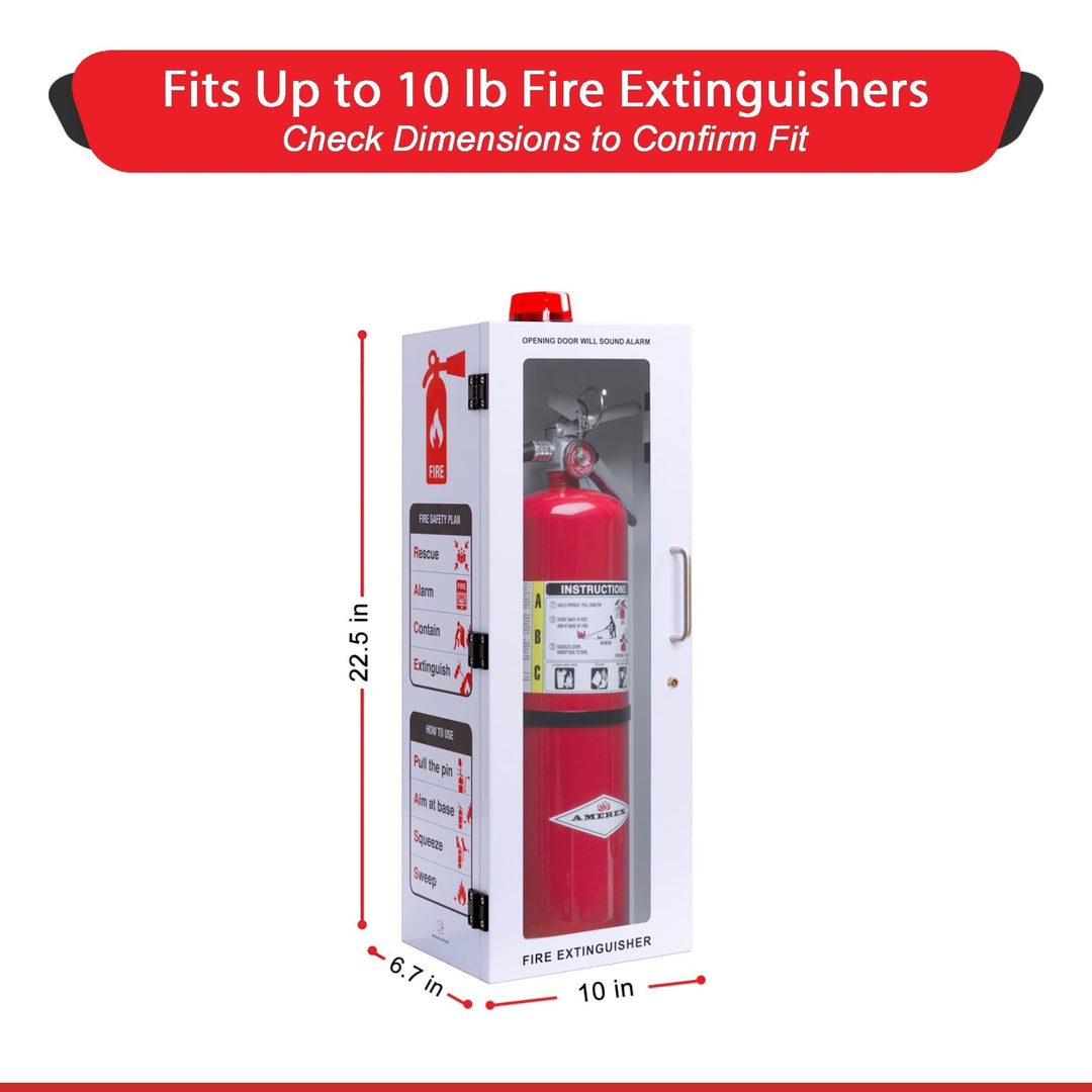 Overdose Kits white outdoor fire extinguisher wall mount cabinet with red alarm light, fits up to 10 lb extinguishers.