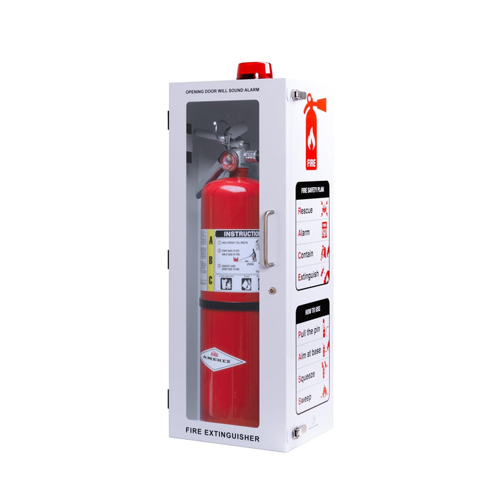 Overdose Kits white steel outdoor fire extinguisher wall mount cabinet with red alarm light and instructions.
