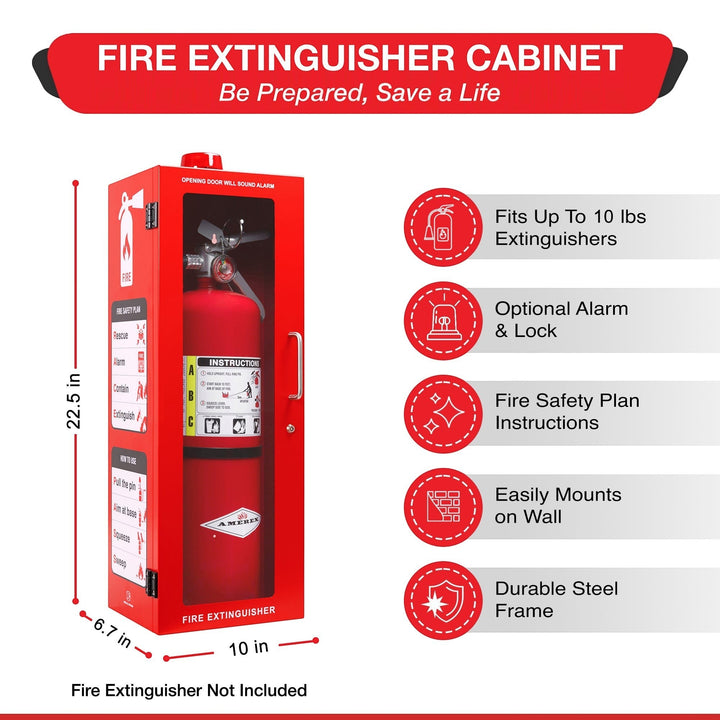 Overdose Kits red steel fire extinguisher cabinet with optional alarm and lock, fits 10 lb extinguishers.