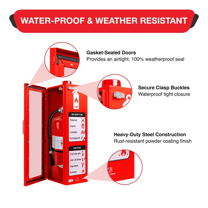 Overdose Kits red steel outdoor fire extinguisher wall mount cabinet with gasket-sealed doors and secure clasp buckles.