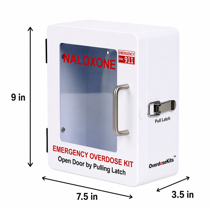 Naloxone emergency overdose kit with dimensions on a white background