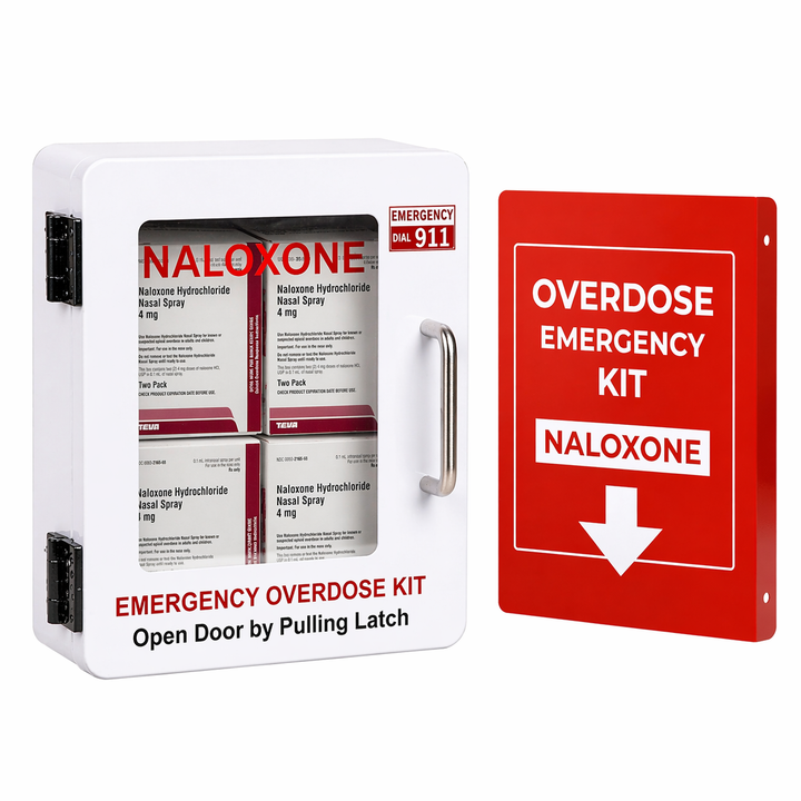 Emergency Overdose Kit with Naloxone spray and a red sign indicating overdose emergency kit.