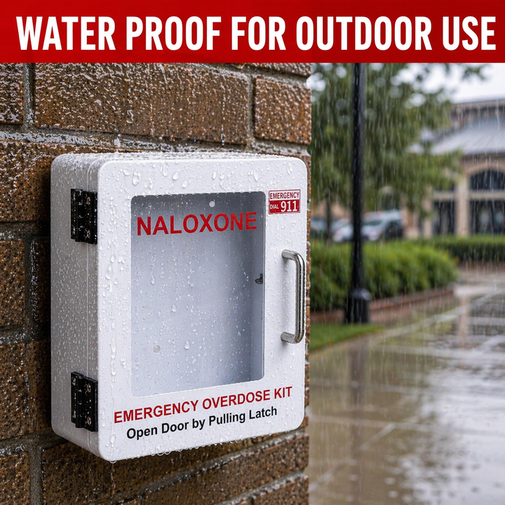 Naloxone emergency overdose kit on a brick wall with raindrops, outdoor setting.