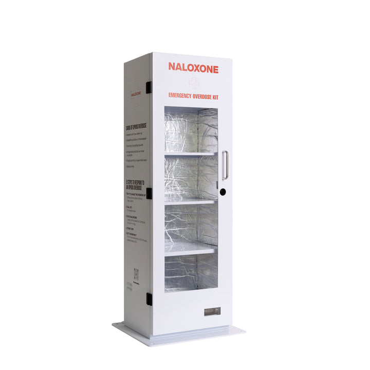 Large white outdoor naloxone distribution box with a clear front window and emergency overdose kit branding.