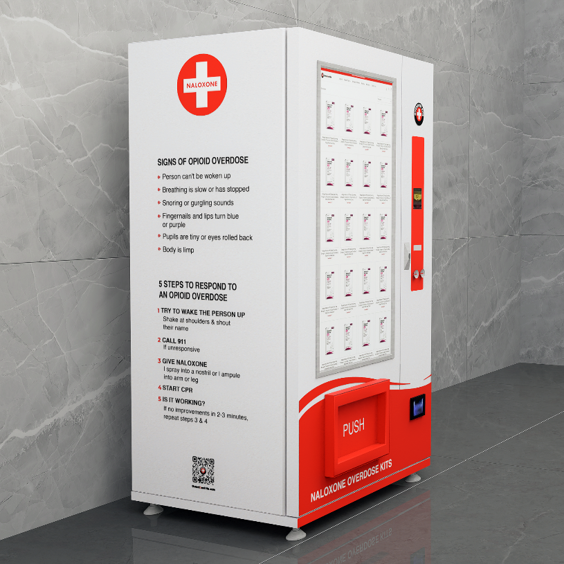 Naloxone Harm Reduction Vending Machine with 55" Video Screen