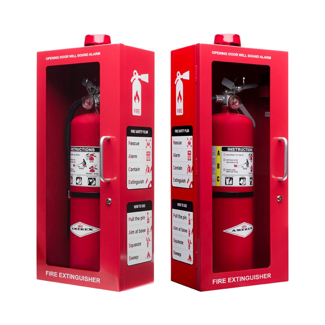 Fire Extinguisher Cabinet | Wall & Surface Mount | Holds 2.5 pound, 5 lb or 10 lb Extinguishers | Optional Alarm & Lock | Fire Safety Instructions Included