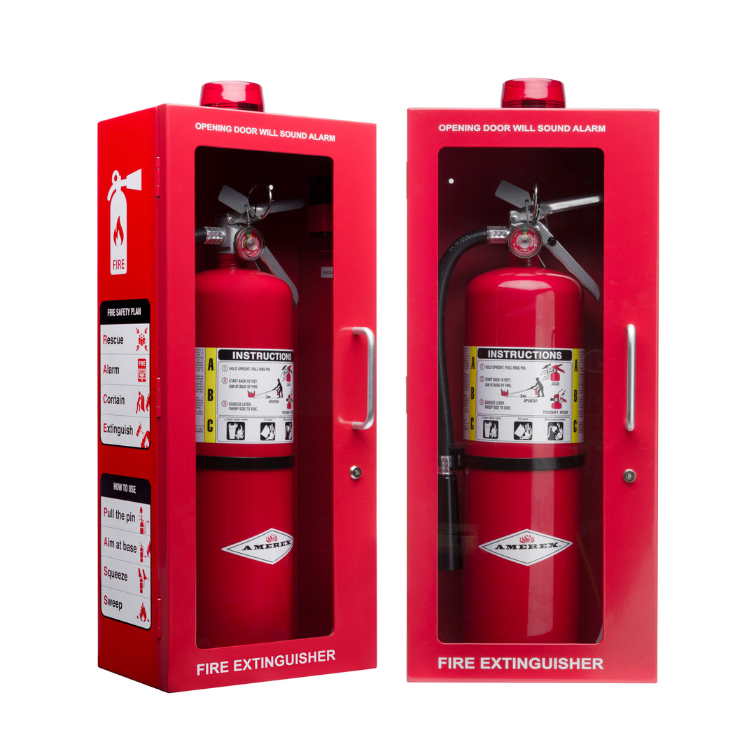 Fire Extinguisher Cabinet | Wall & Surface Mount | Holds up to 10 lb Extinguishers | Optional Alarm & Lock | Fire Safety Instructions Included