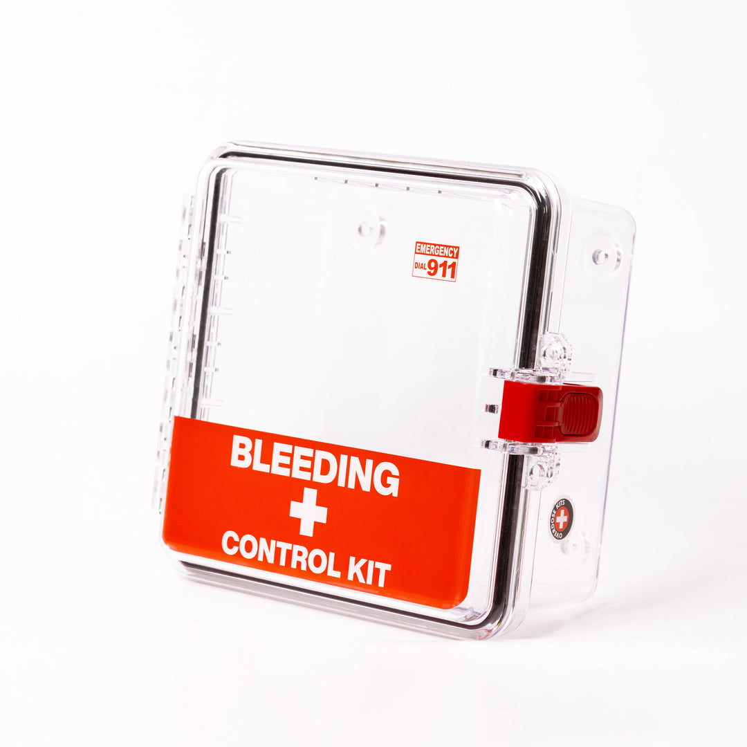 Bleeding control kit with clear cover on a white background