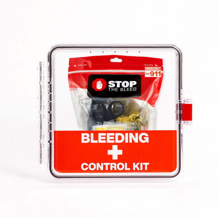 Stop the Bleed kit cabinet with clear lid on a white background