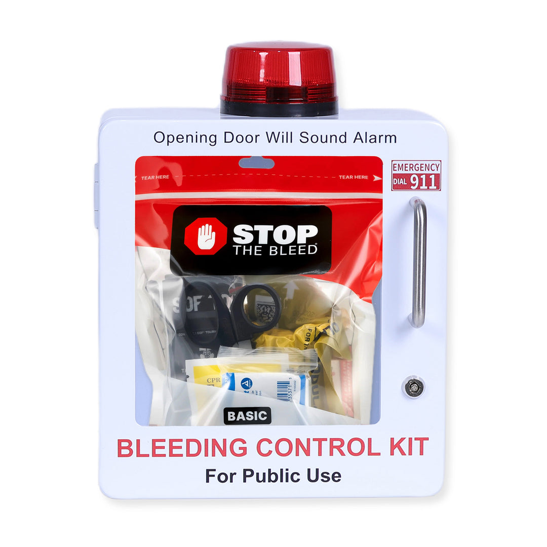 Stop the Bleed bleeding control kit packaging with a red alarm on a white background