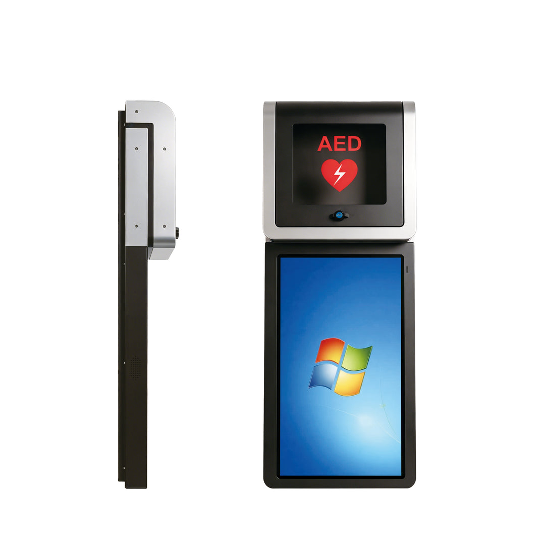 Comprehensive view showing both front and side aspects of the wall-mounted AED station with advertising and training capabilities.