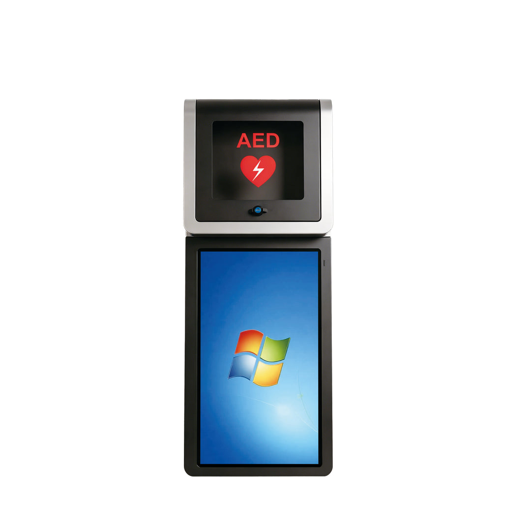 Integrated LCD screen playing educational emergency content on the Safe Station AED wall-mounted unit.