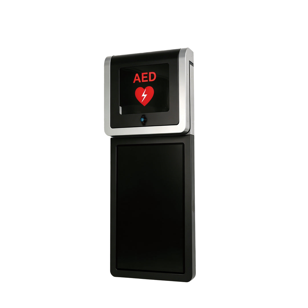 Close-up of the AED storage compartment, compatible with brands like Philips, ZOLL, Cardiac Science, and Defibtech.