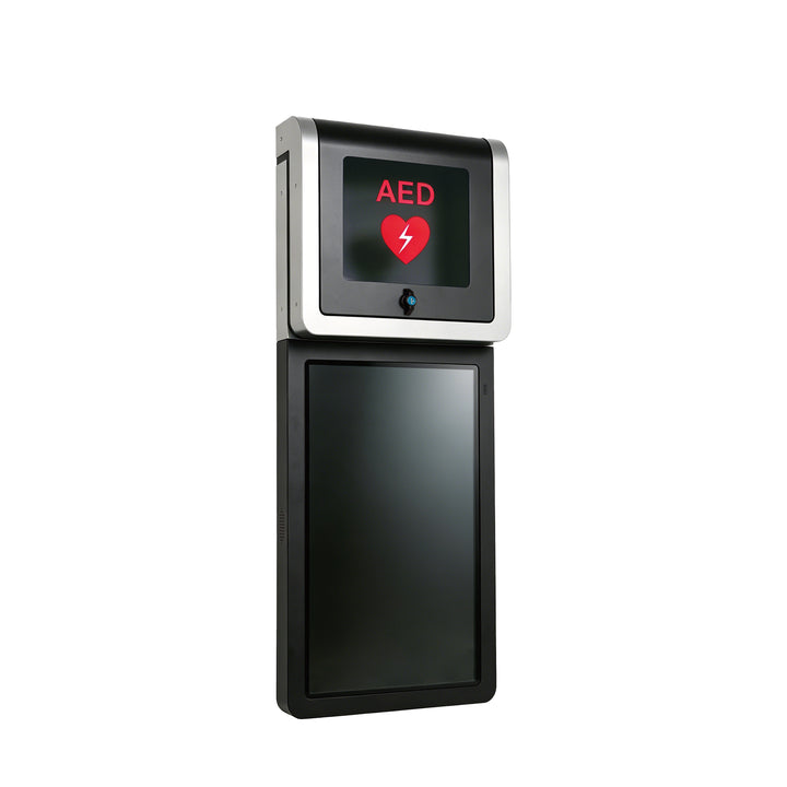 Superior angle shot of the Smart AED cabinet, showing the seamless integration of the digital display and the protective plexiglass.