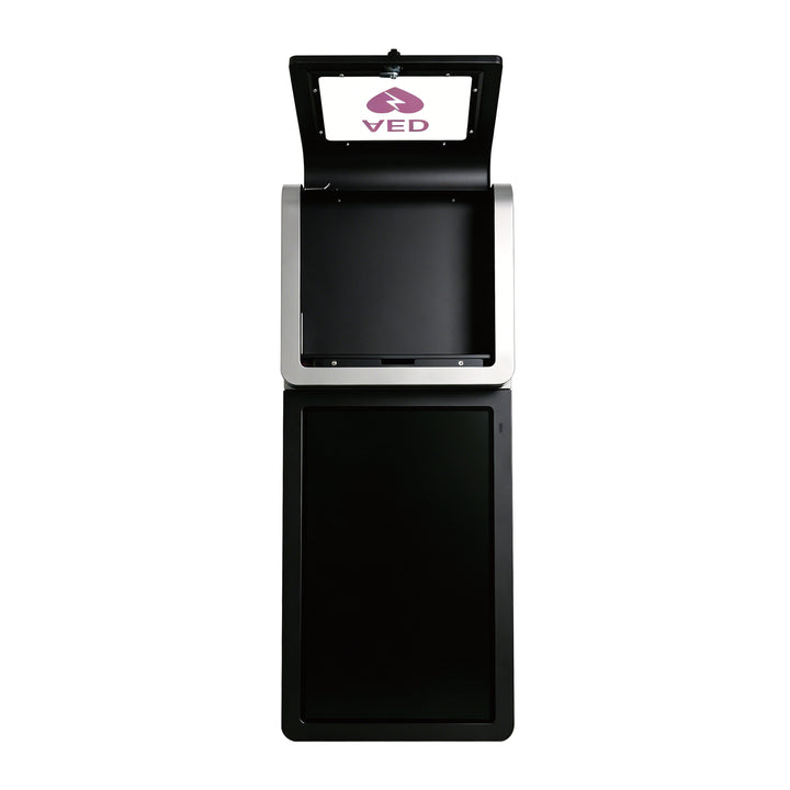 Professional black steel AED cabinet with a large display screen and clear viewing window for rapid AED unit identification.