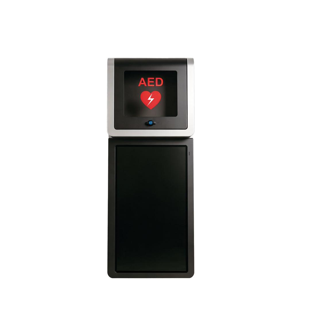 Front view of the wall-mounted Smart AED Cabinet featuring an integrated 27-inch LCD screen for CPR training videos and emergency guidance.