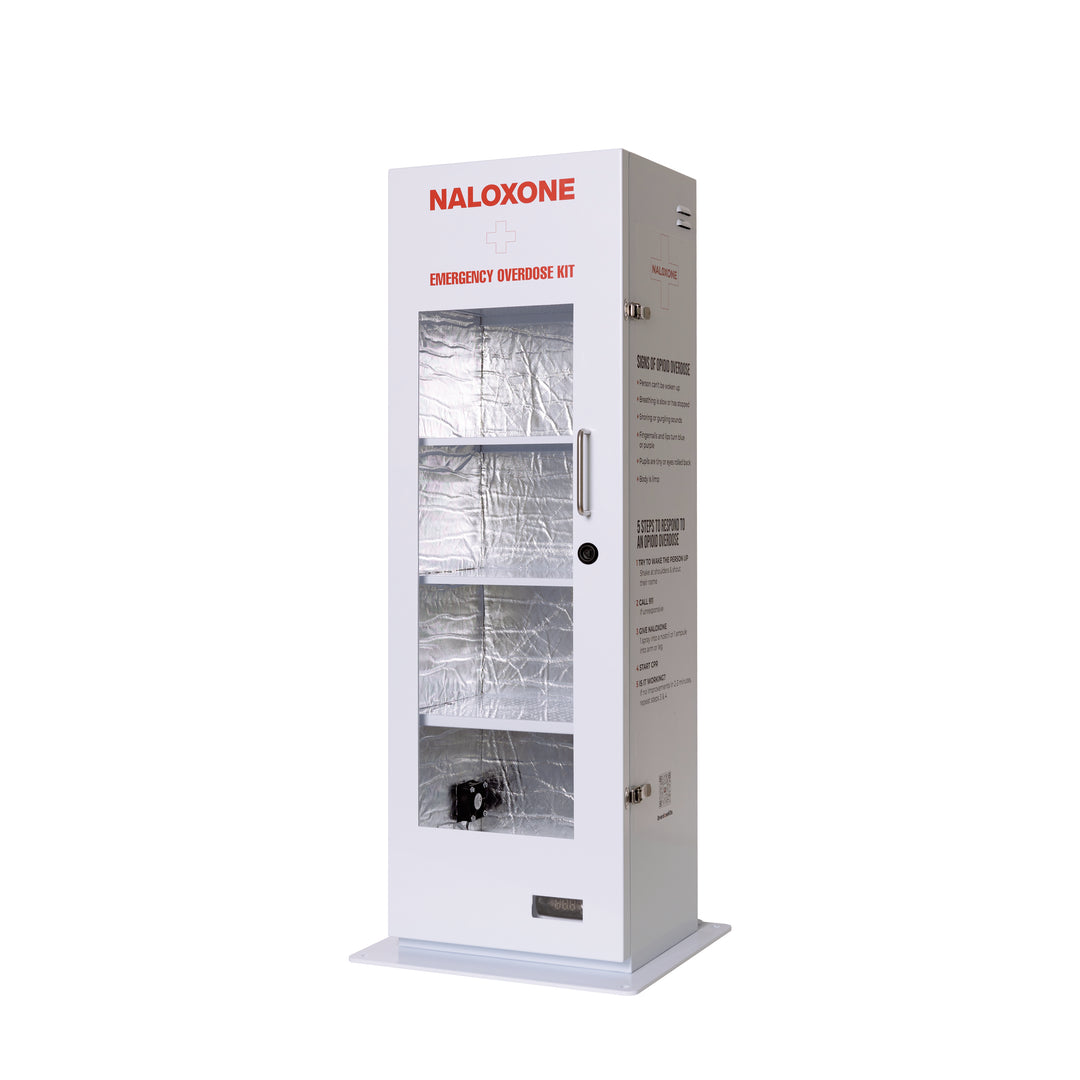 Frontal view of the weather-resistant naloxone cabinet showing four internal shelves for high-capacity medication storage.
