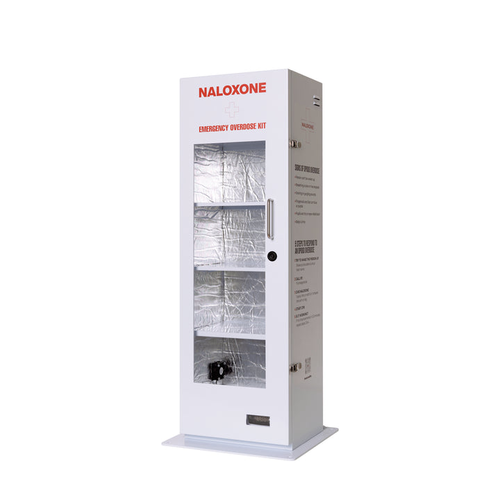 Frontal view of the weather-resistant naloxone cabinet showing four internal shelves for high-capacity medication storage.