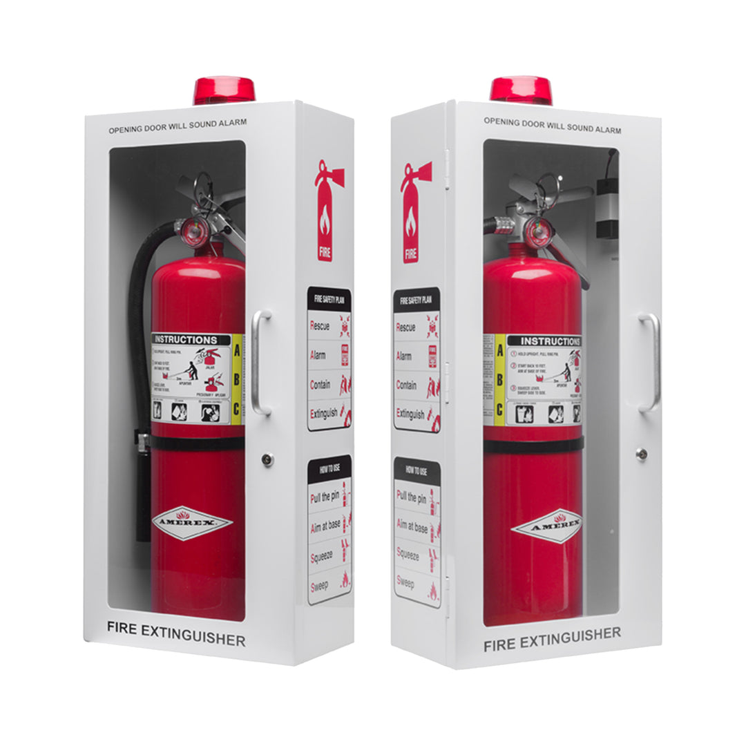 Fire Extinguisher Cabinet | Wall & Surface Mount | Holds up to 10 lb Extinguishers | Optional Alarm & Lock | Fire Safety Instructions Included