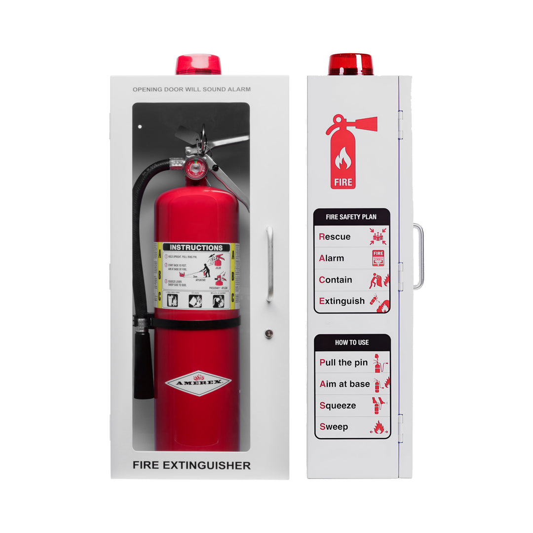 Fire Extinguisher Cabinet | Wall & Surface Mount | Holds up to 10 lb Extinguishers | Optional Alarm & Lock | Fire Safety Instructions Included