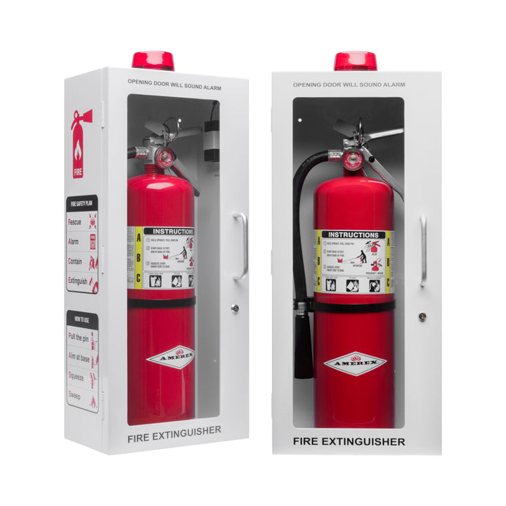 Fire Extinguisher Cabinet | Wall & Surface Mount | Holds up to 10 lb Extinguishers | Optional Alarm & Lock | Fire Safety Instructions Included