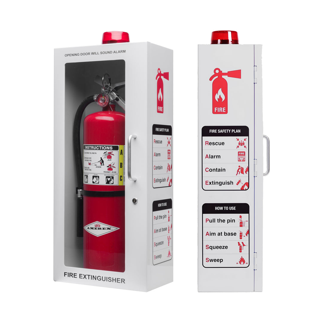 Fire Extinguisher Cabinet | Wall & Surface Mount | Holds 2.5 pound, 5 lb or 10 lb Extinguishers | Optional Alarm & Lock | Fire Safety Instructions Included