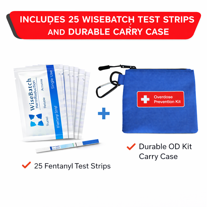 WiseBatch overdose prevention kit with test strips and carry case on a white background