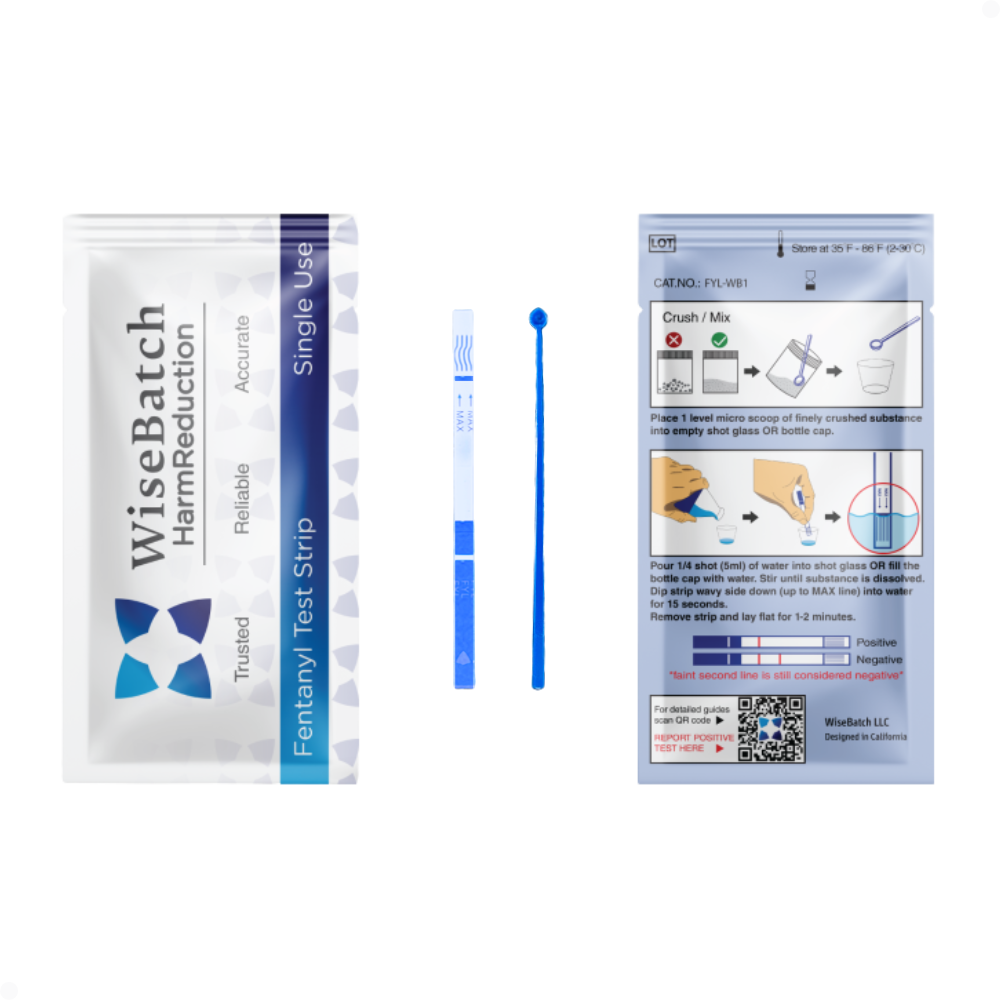 WiseBatch Fentanyl Test Strip packaging with instructions on a white background