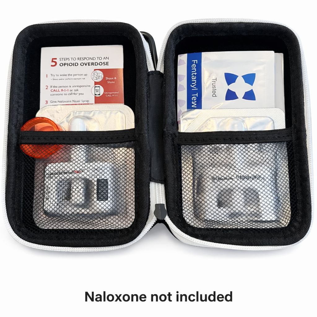 Open hardshell case showing organized Fentanyl (FYL) test strips and medical supplies with a "Naloxone not Included" disclaimer at the bottom. Optimized for harm reduction kit compliance and transparency.