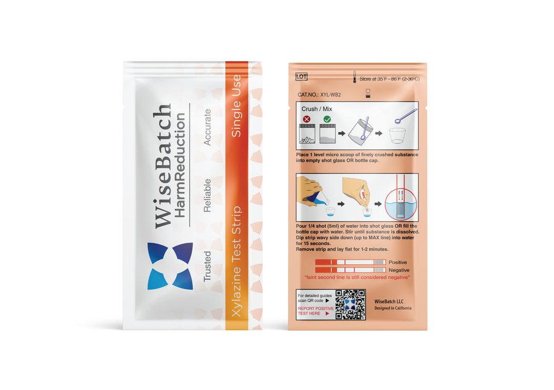 Front and back view of WiseBatch Xylazine (XYL) test strip packaging. The back features detailed visual instructions for drug checking, including a QR code for guidance and a results key for positive and negative readings.