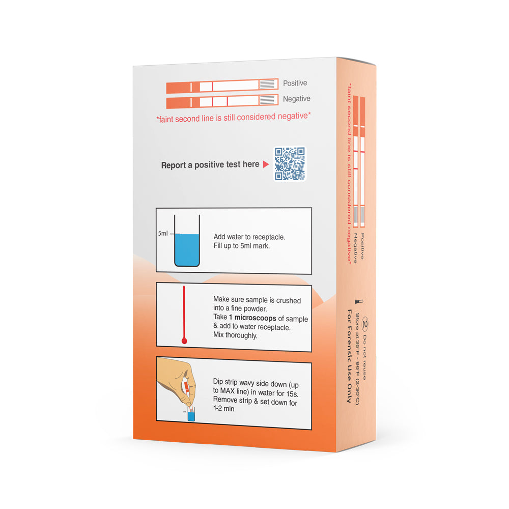 Back view of the WiseBatch Xylazine (XYL) test strips box showing detailed step-by-step instructions for use. It includes a visual results key for positive and negative tests, a QR code for reporting results, and clear diagrams for sample preparation and strip dipping.