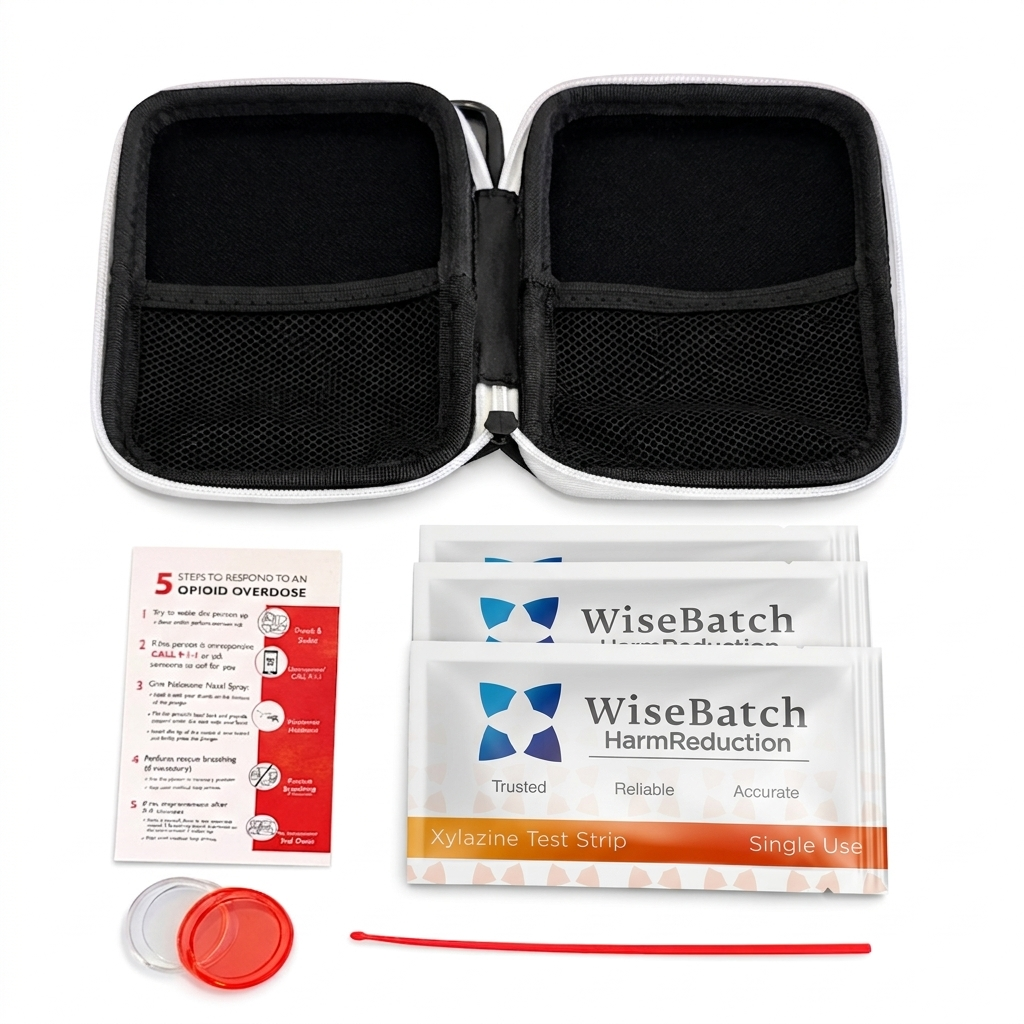 WiseBatch harm reduction kit with test strip and instructions on a white background