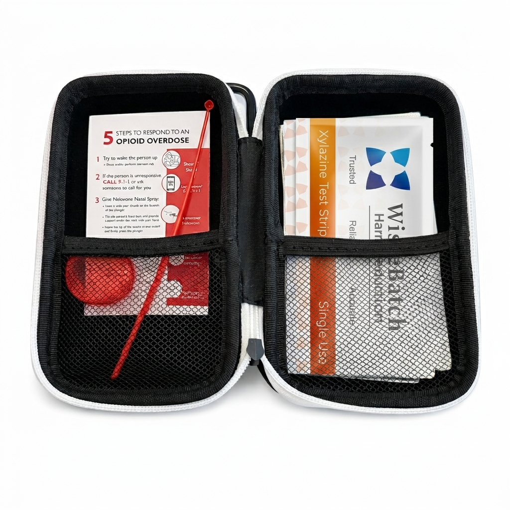 Closed overdose prevention kit with test strips and tools