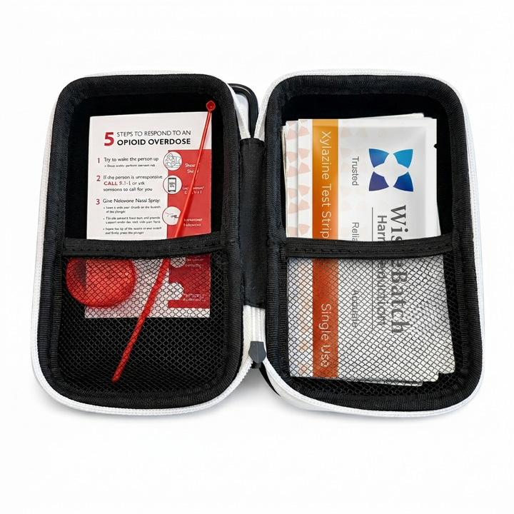 Closed overdose prevention kit with test strips and tools