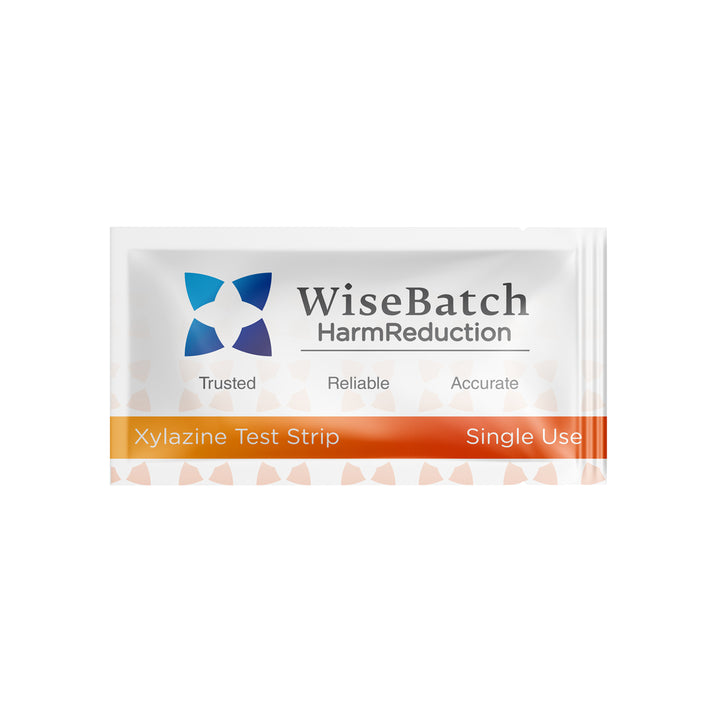 WiseBatch HarmReduction Xylazine Test Strip packaging on a white background