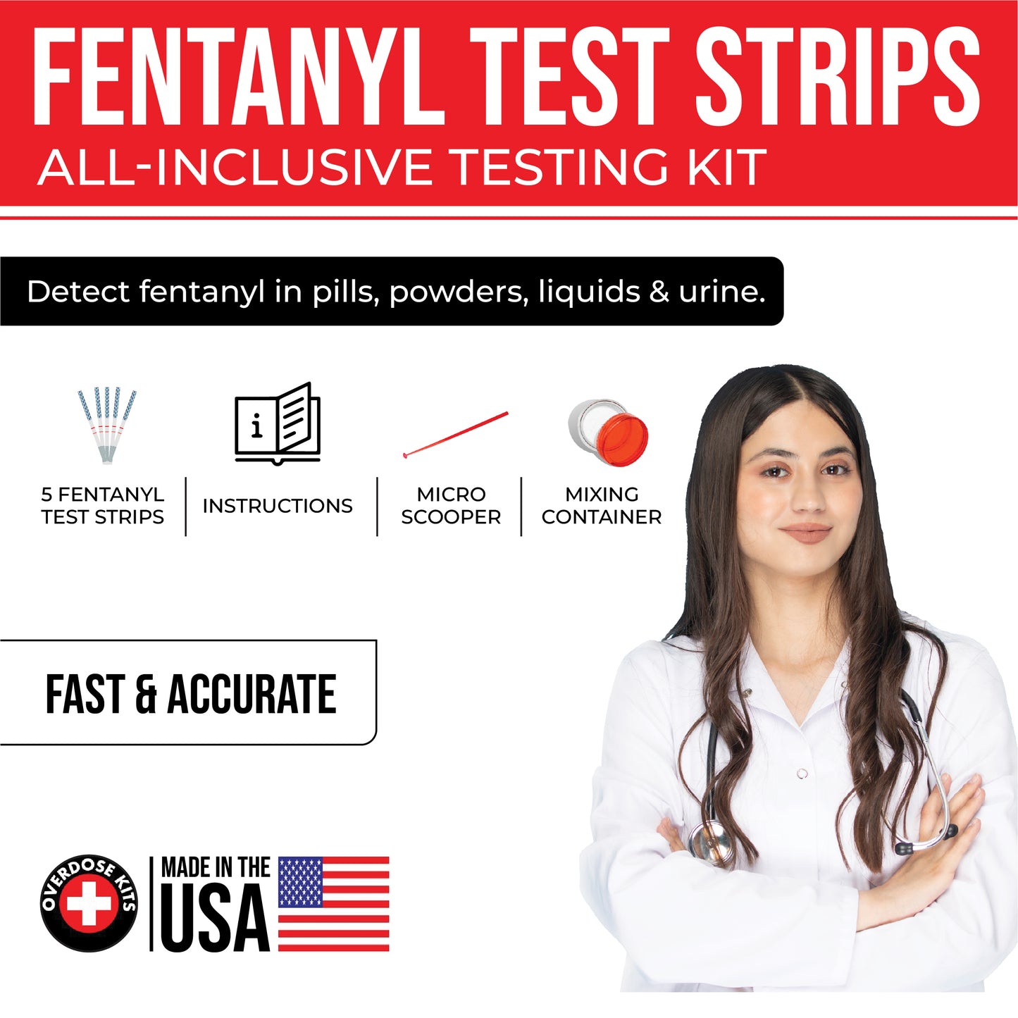 Fentanyl Test Strip Kit (5 Pack) - Includes 5 Fentanyl Test Strips, Mixing Container, 10mg Spoon and Instructions