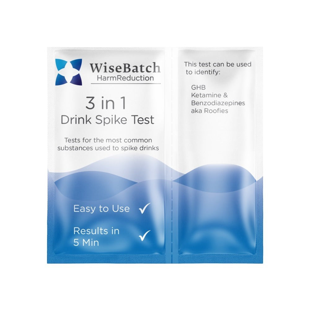 Overdose Kits Wisebatch 3-in-1 drink spike test kit detects GHB, Ketamine & Benzodiazepines in 5 minutes. Easy to use, portable design for personal safety.
