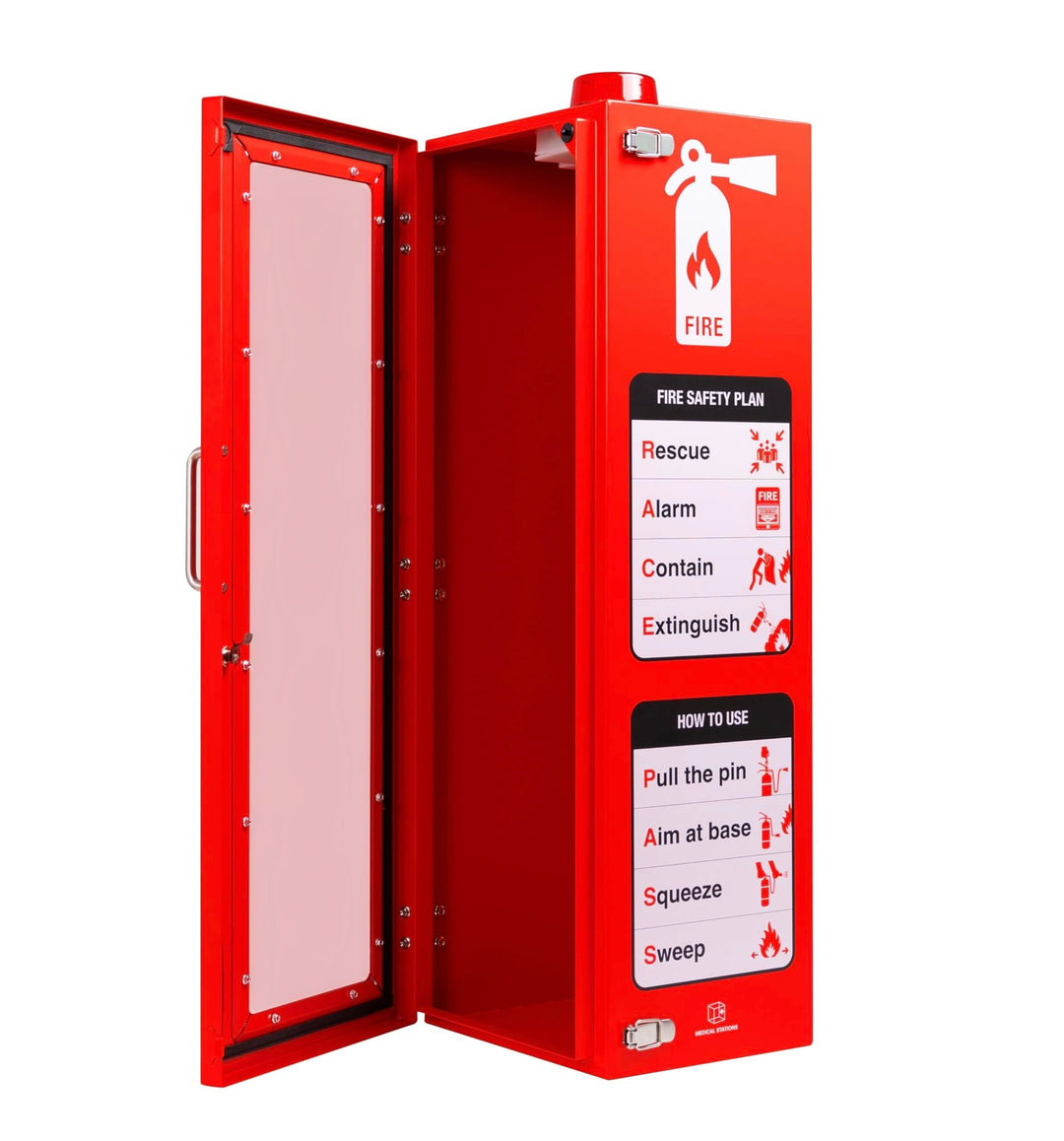 Overdose Kits red steel outdoor fire extinguisher wall mount cabinet with instructions and alarm option.