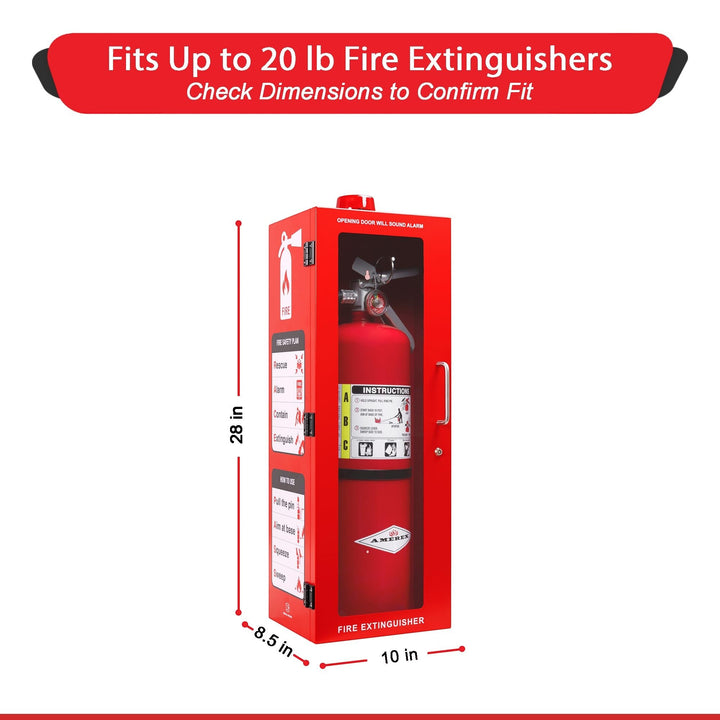 Overdose Kits red steel fire extinguisher wall mount cabinet with alarm and instructions, fits up to 20 lb extinguishers.