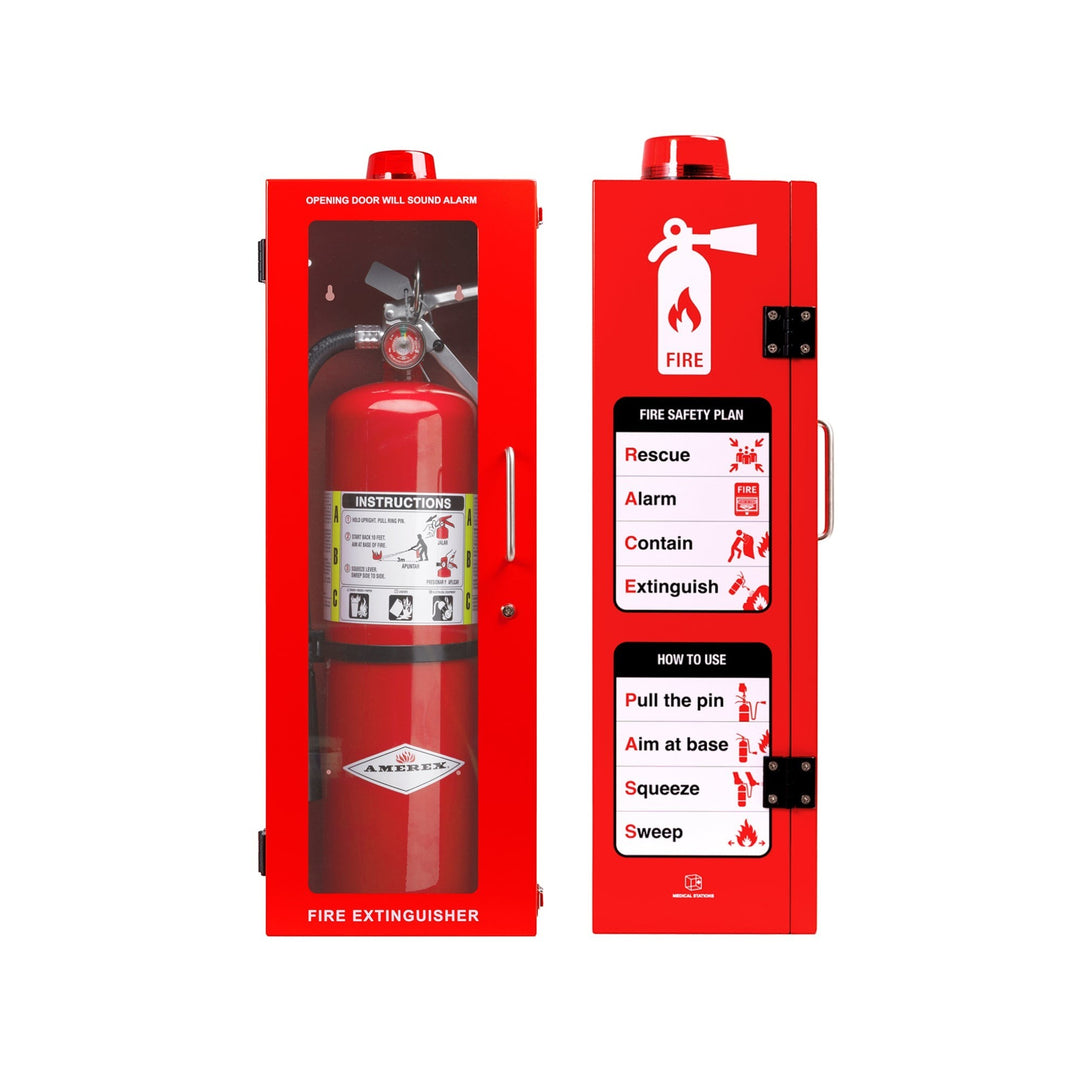 Overdose Kits red steel fire extinguisher wall mount cabinet with alarm and instructions, available in 10 lb and 20 lb sizes.