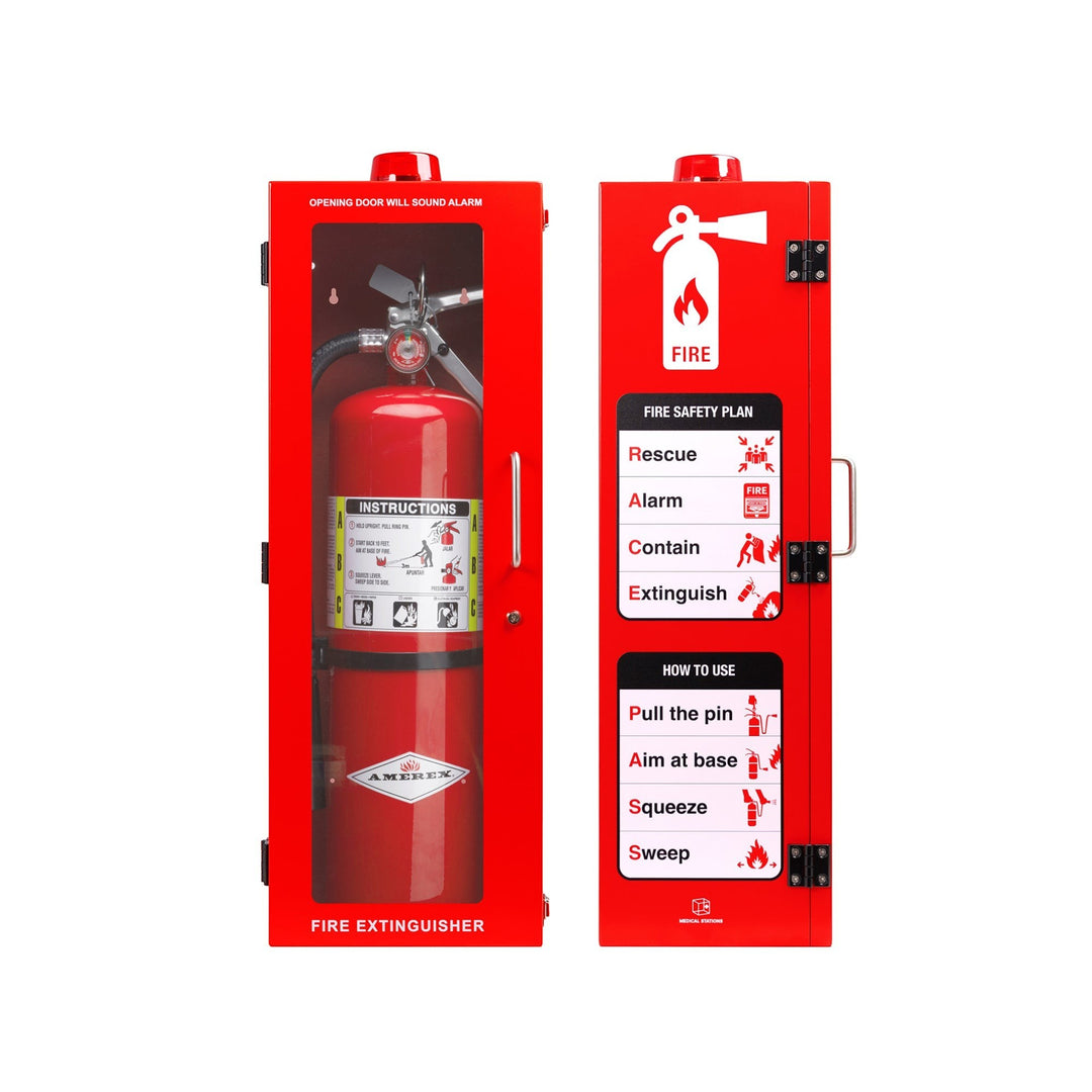 Overdose Kits red steel fire extinguisher wall mount cabinet with alarm and instructions. Available in 10 lb and 20 lb sizes.