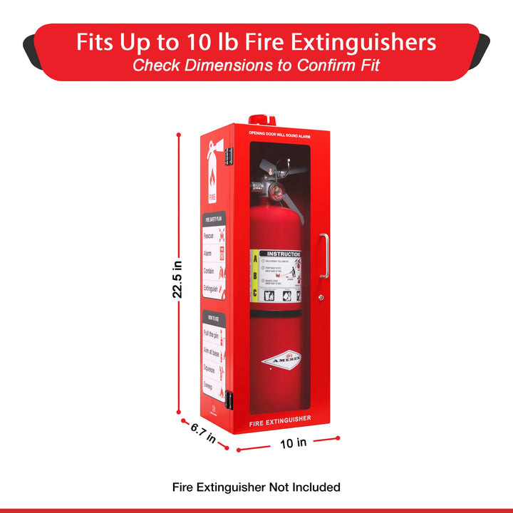 Overdose Kits red steel fire extinguisher wall mount cabinet with alarm and lock, fits up to 10 lb extinguishers.
